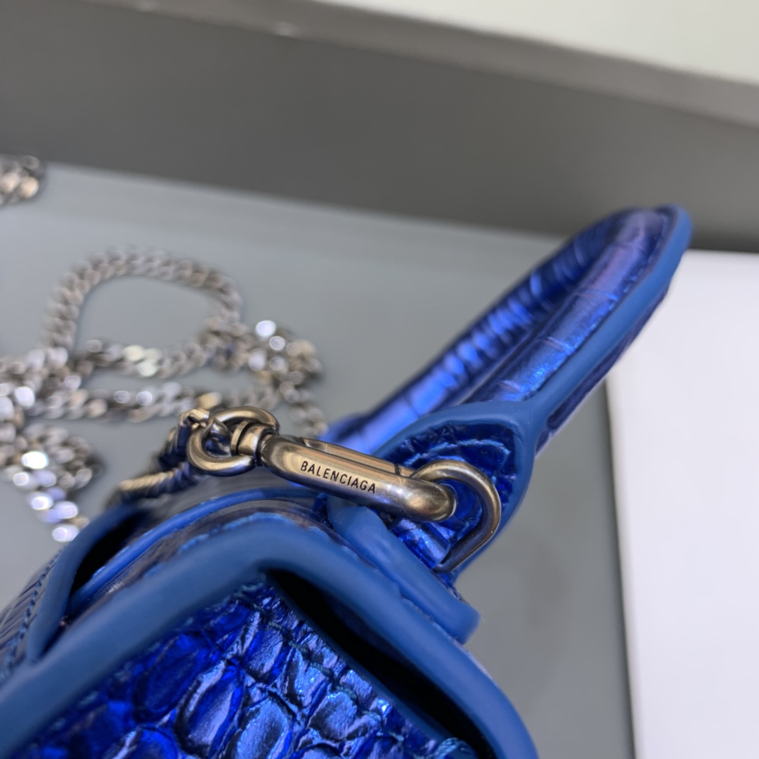 Balenciaga Hourglass Mini Handbag With Chain Crocodile Embossed Shoulder Bag Blue